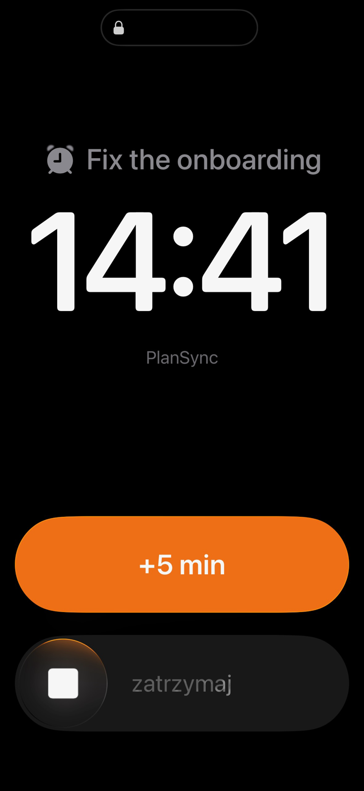 PlanSync full-screen alarm with a +5 minute snooze