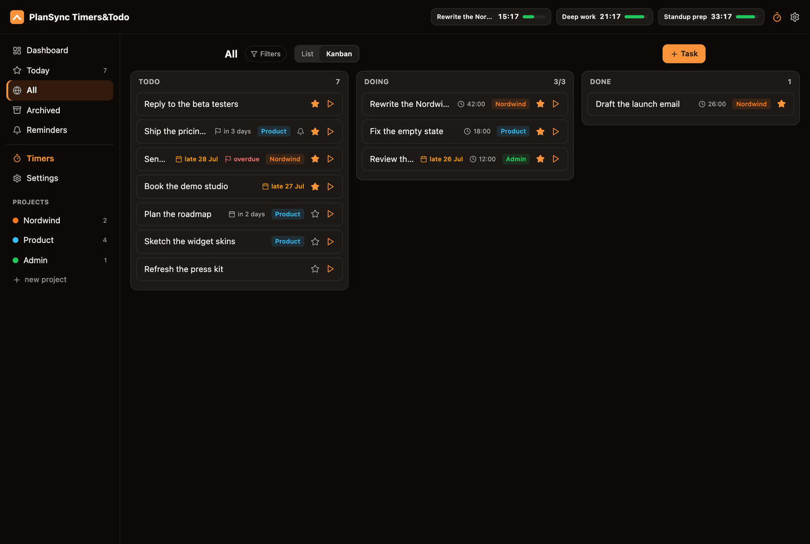 PlanSync Chrome extension kanban board with Todo, Doing (3 of 3, at its work-in-progress limit) and Done columns
