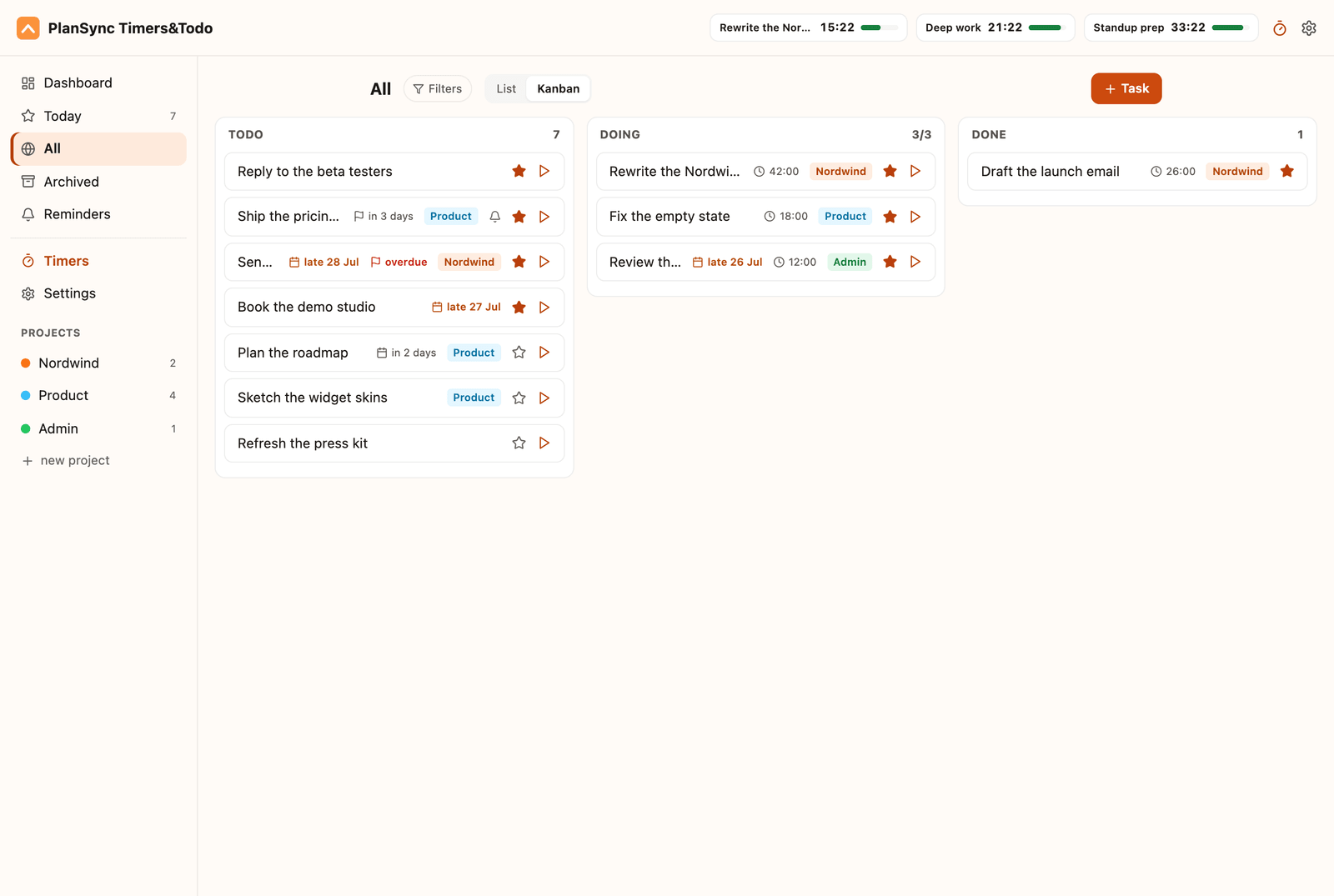 PlanSync Chrome extension kanban board with Todo, Doing (3 of 3, at its work-in-progress limit) and Done columns