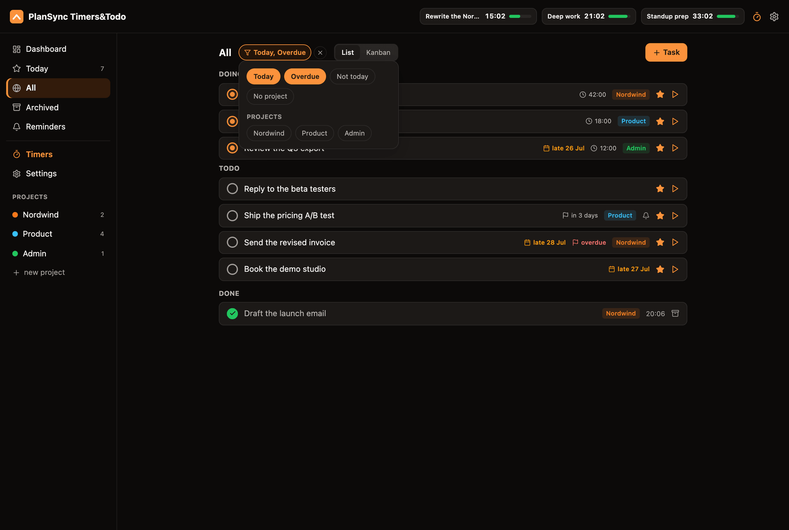 PlanSync Chrome extension task list with the filter menu open, Today and Overdue switched on, and rows carrying amber carried-over and red overdue chips