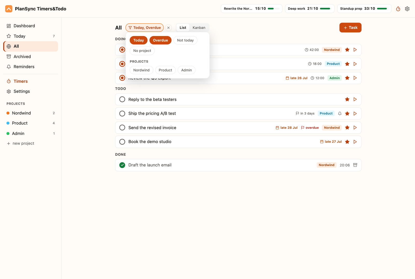 PlanSync Chrome extension task list with the filter menu open, Today and Overdue switched on, and rows carrying amber carried-over and red overdue chips