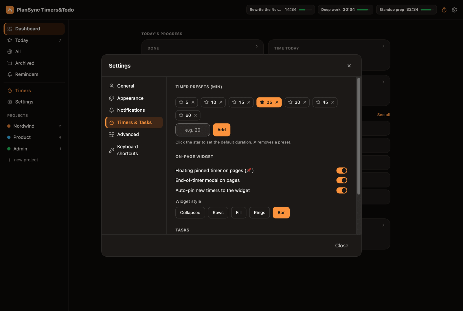 PlanSync Chrome extension settings: timer presets as chips with a starred default, a field to add more, and the on-page widget switches and style picker
