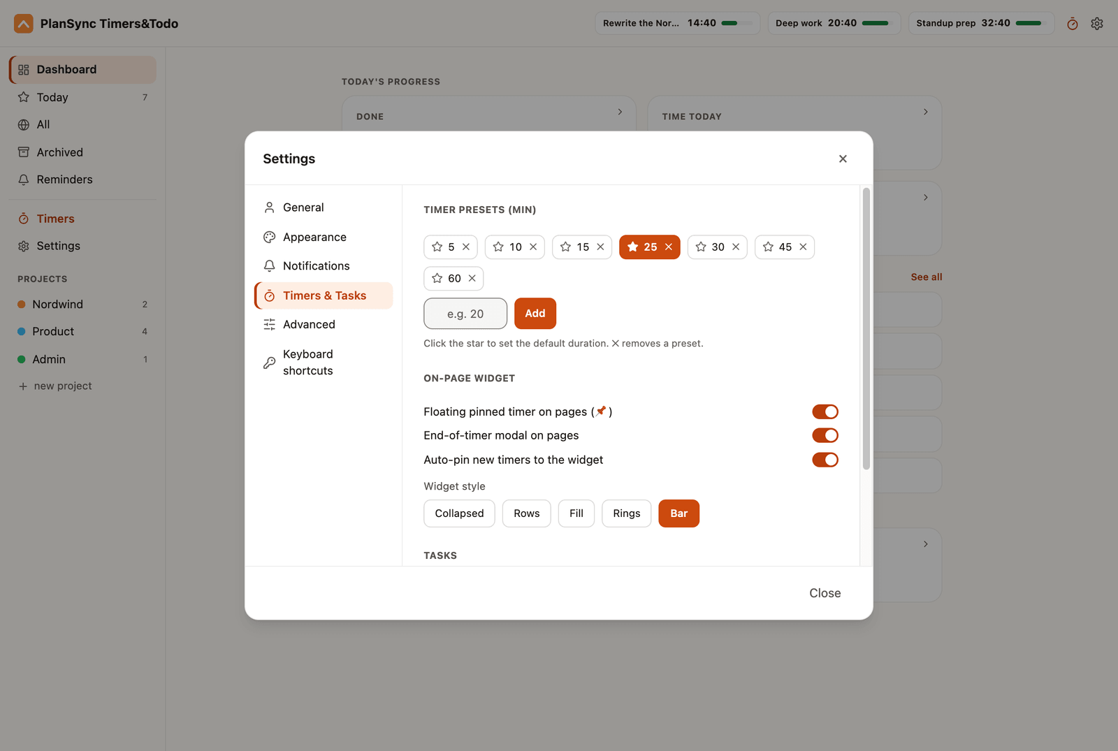 PlanSync Chrome extension settings: timer presets as chips with a starred default, a field to add more, and the on-page widget switches and style picker