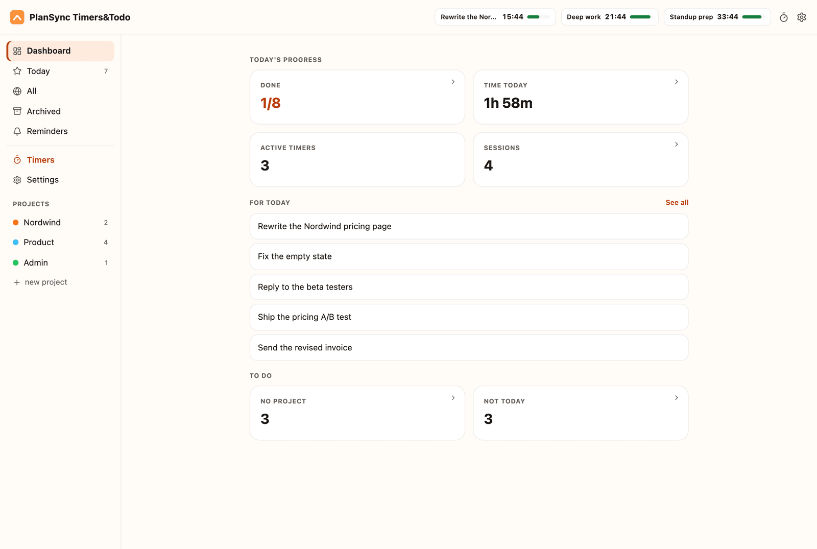 PlanSync Chrome extension dashboard: today's progress tiles, the tasks planned for today and three timers running in the header