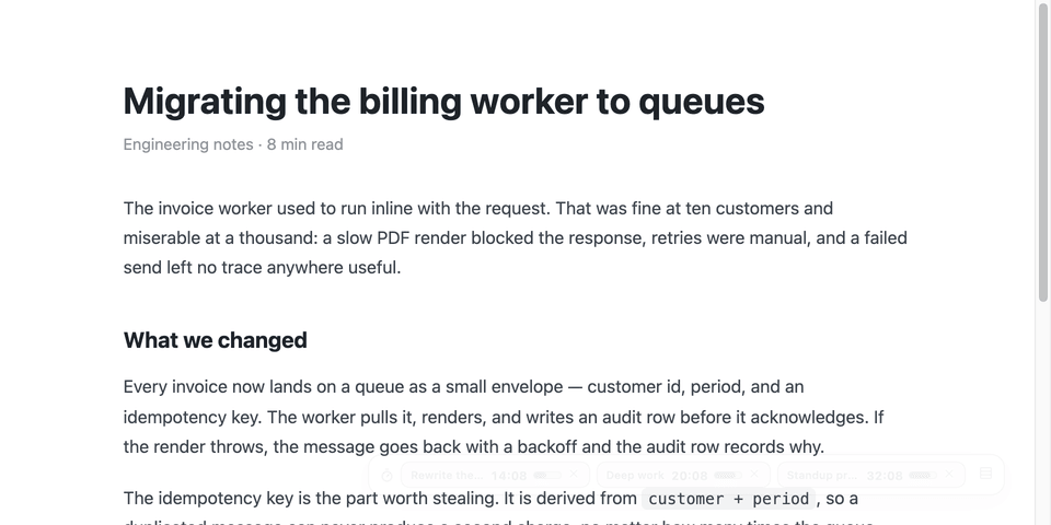 PlanSync floating timer over an article page, bar style: three countdowns side by side in one strip across the page