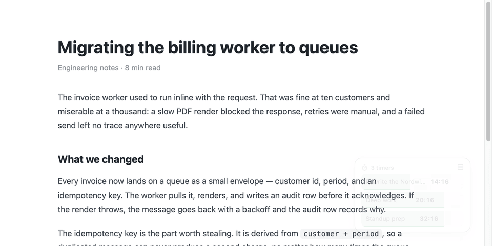 PlanSync floating timer over an article page, fill style: three stacked countdowns whose rows fill with colour as the time runs down