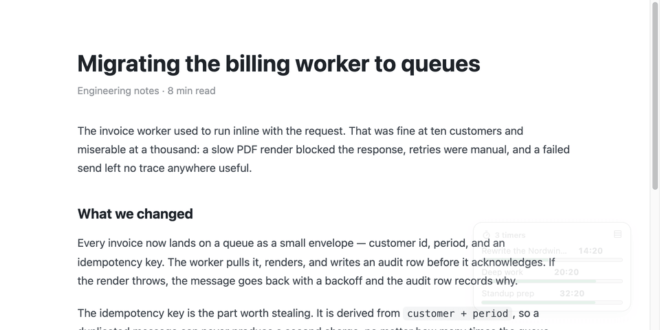 PlanSync floating timer over an article page, rows style: a dark panel labelled 3 timers, each countdown on its own row above a progress bar