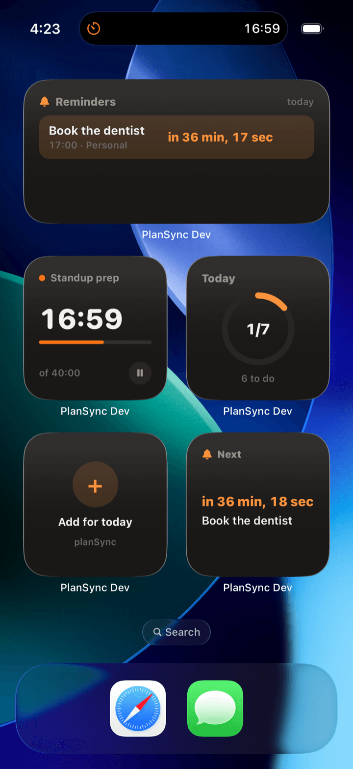 PlanSync home-screen widgets: reminders, a live timer, Today progress ring and quick add