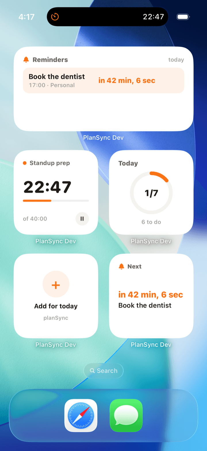 PlanSync home-screen widgets: reminders, a live timer, Today progress ring and quick add